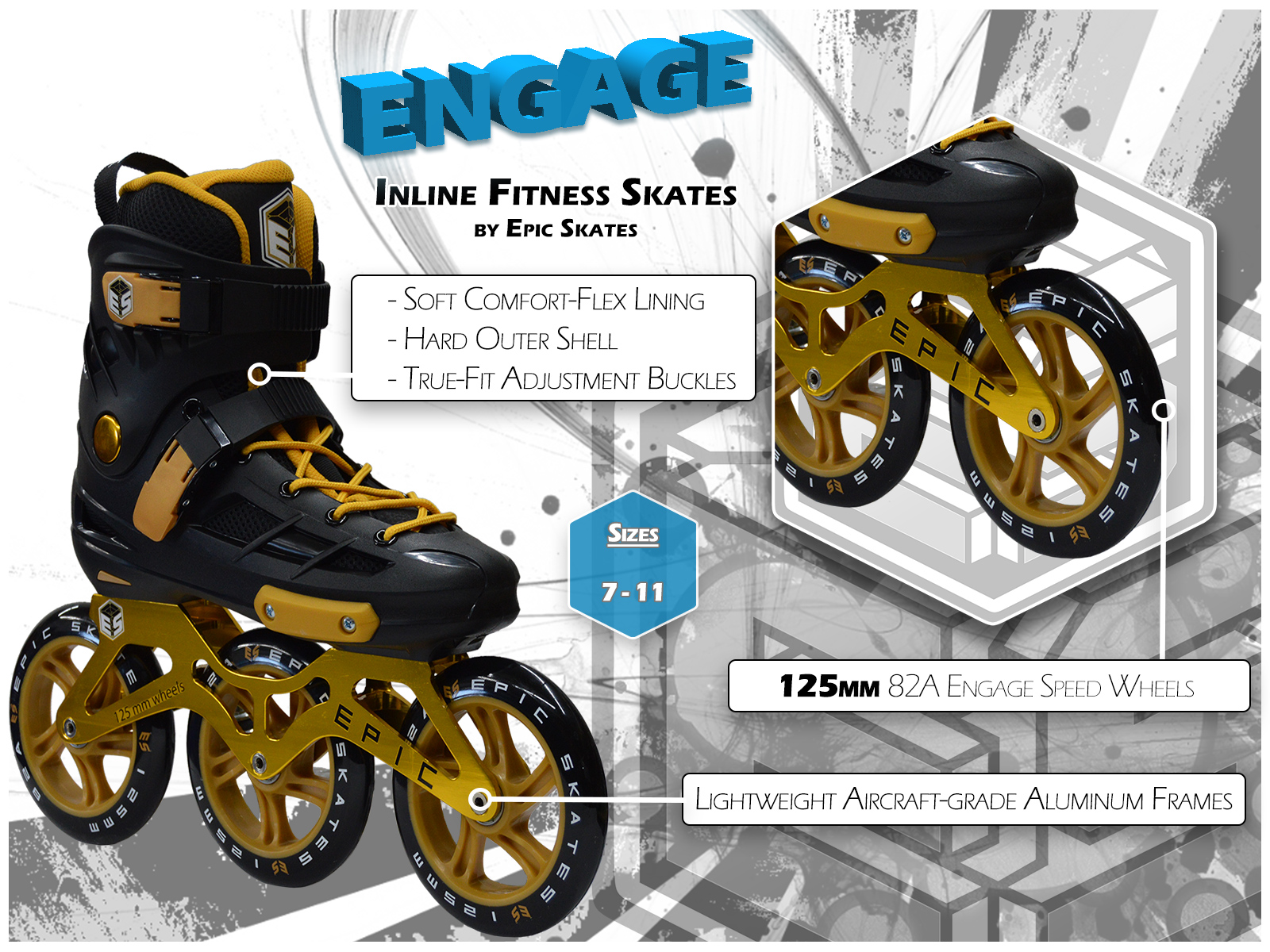 Epic Engage Inline Skates Indoor/Outdoor 125mm Speed Fast Cruiser FREE POST 